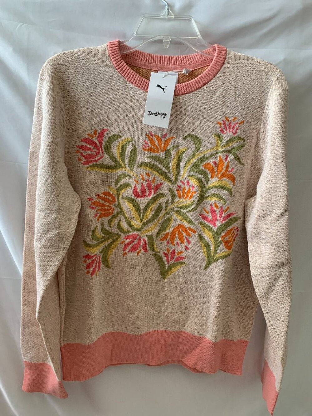 PUMA x DANI DAZEY Floral Knit Golf Sweater in Warm White/Pink Sz MEDIUM
